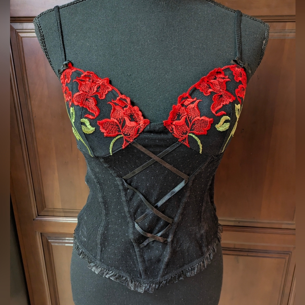 Black Corset Lingerie Top with Red Floral Embroidery S